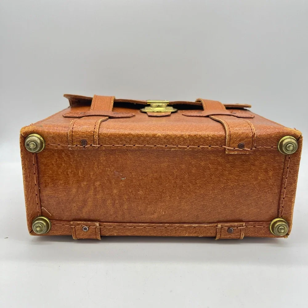 Vintage Camera Bag Brown Leather Train Luggage Small Travel Bag Gold Tone‎ Lock